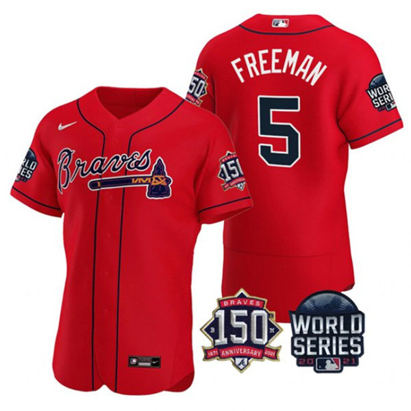 Men's Atlanta Braves #5 Freddie Freeman 2021 Red World Series With 150th Anniversary Patch Stitched Baseball Jersey Men's Atlanta Braves #5 Freddie Freeman 2021 Red World Series With 150th Anniversary Patch Stitched Baseball Jersey